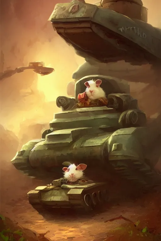 Prompt: cute little anthropomorphic Guinea Pig driving a tiny tank, tiny, small, short, American tanker outfit, cute and adorable, pretty, beautiful, DnD character art portrait, matte fantasy painting, DeviantArt Artstation, by Jason Felix by Steve Argyle by Tyler Jacobson by Peter Mohrbacher, cinematic lighting