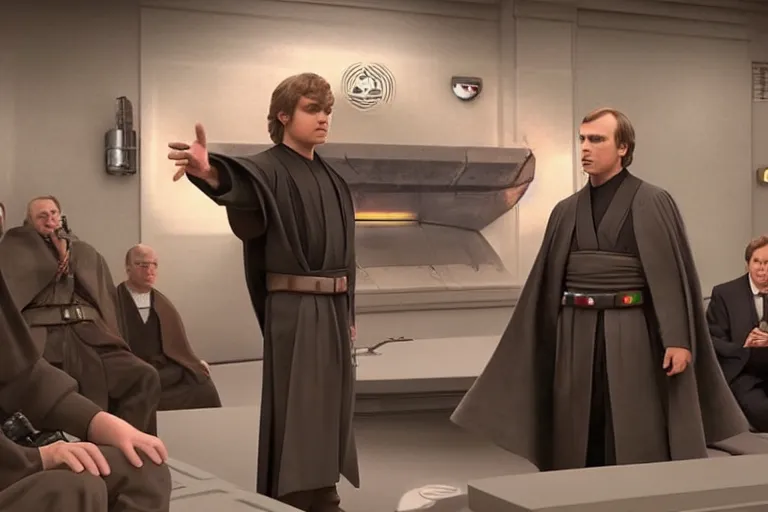 Image similar to anakin skywalker is defended in star wars senate by saul goodman, 1 0 8 0 p, court session images, realistic faces