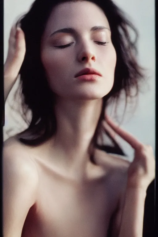 Image similar to A still of a famous actress posed in profile, she has beautiful bone structure and long dark hair. Eyes closed. Volumetric lighting, award winning, highly detailed, cinestill 800t.