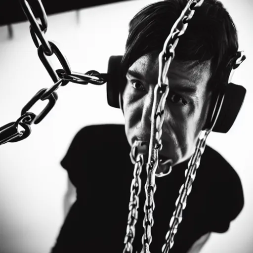 Prompt: Voice actor slave recording in studio with a shackles and chain un his neck dark atmosphere