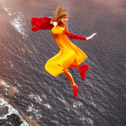 Image similar to beautiful modern dancer wearing a red and yellow and blue swirling dress, standing on a Santorini terrace looking down into the ocean, trending on artstation, cinematic, unreal 5, DAZ, hyperrealistic, octane render, dynamic lighting