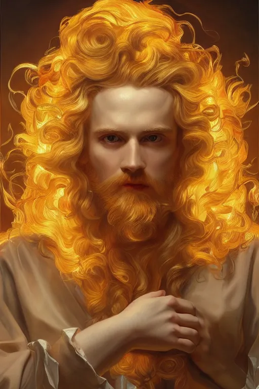 Image similar to Lucius as a demigod of scintillating radiance, long fluffy blond curly hair, wreathed in magnificent flames, oil on canvas, golden hour, artstation, by J. C. Leyendecker and Peter Paul Rubens