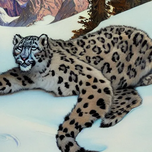 Prompt: Concept art, A shiny snow leopard sitting by snow mountains, 8k, alphonse mucha, james gurney, greg rutkowski, john howe, artstation