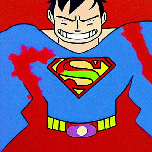 Image similar to die cut sticker, luffy is superman, splatter paint on paper