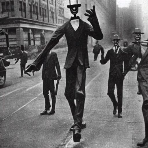 Image similar to a vintage photography of slenderman rampage through New York Streets, 1900's,