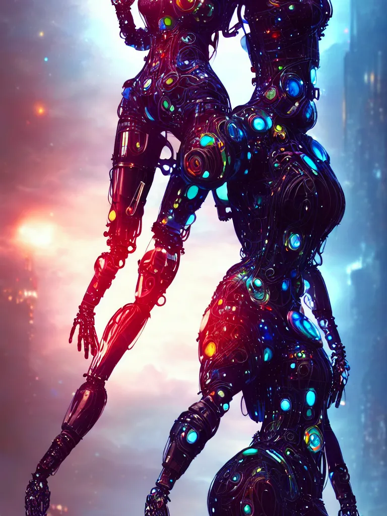 Image similar to full lenght shot, super hero pose, woman in biomechanical dress, inflateble shapes, wearing epic bionic cyborg implants of different colors, masterpiece, intricate, biopunk futuristic wardrobe, highly detailed, artstation, concept art, background galaxy, cyberpunk, octane render