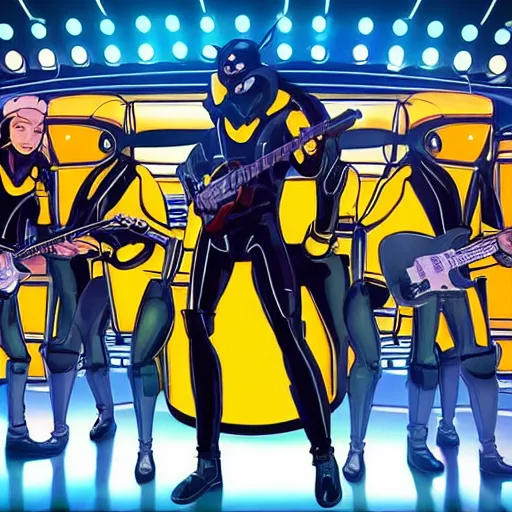 Prompt: bumblebee on stage singing with the band in the style of archies cartoon, high resolution, unreal engine