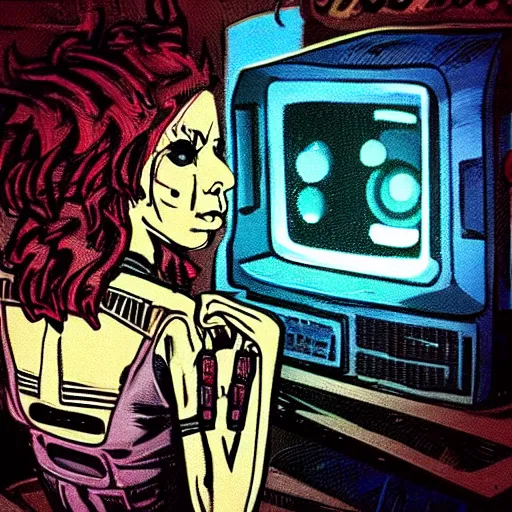 Image similar to “surreal cyberpunk comic book illustration of a punk sitting in booth smoking watching a 1970s tv with a beautiful female cyborg commander on the screen in dystopian dive bar, cybercore, fine detail”