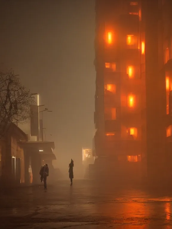 Image similar to bladerunner 2 0 4 9 fillm still of low residential building in russian suburbs, lights are on in the windows, deep night, post - soviet courtyard, cozy atmosphere, light fog, street lamps with orange light, several birches nearby, several elderly people stand at the entrance to the building