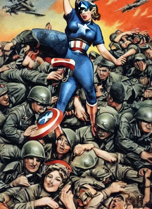 Image similar to beautiful female captain america standing on a pile of defeated german soldiers. feminist captain america wins wwii. boot on hitler's head. american wwii propaganda poster by james gurney