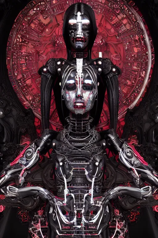 Image similar to full-body cyberpunk style sculpture of a young beautiful dark priestess, half android with a head opening exposing circuitry, glowing red eyes, black roses, flowing blood red colored silk, fabric, candles. baroque elements, human skull. full-length view. baroque element. intricate artwork by caravaggio. crows flying in background. Trending on artstation, octane render. cinematic lighting from the right, hyper realism, octane render, 8k, depth of field, 3D