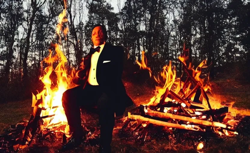 Image similar to a man wearing a tuxedo sitting in the middle of a bonfire, no face