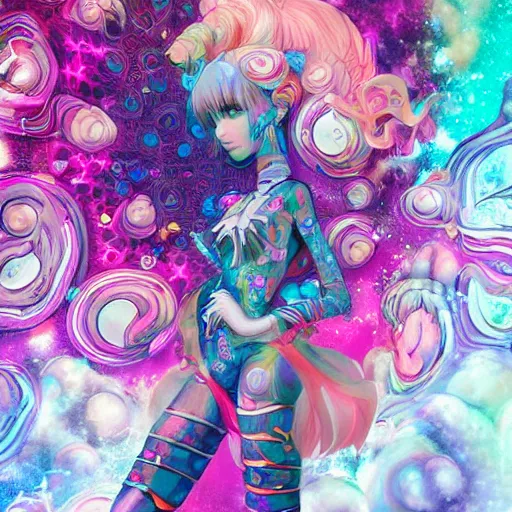 Prompt: artwork inspired by archan nair, james jean isolated deepdream vinyl figure harajuku anime character design, figure photography, dynamic pose, holographic undertones, glitter accents on figure, anime stylized, accurate fictional proportions, high delicate defined details, ethereal lighting