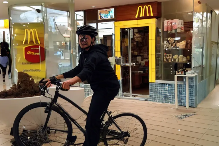 Image similar to cyclist in toilet!!! inside mcdonalds is eating donuts!!! and drinking yerba!!! mate