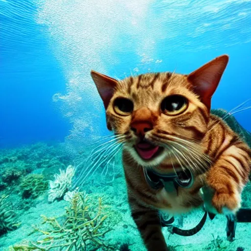 Image similar to high quality underwater photo of a cat scuba diver wearing norkel mask