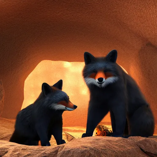 Prompt: red fox and large black bear sitting in a cave, laughing at the funny fire, detailed, 8 k render