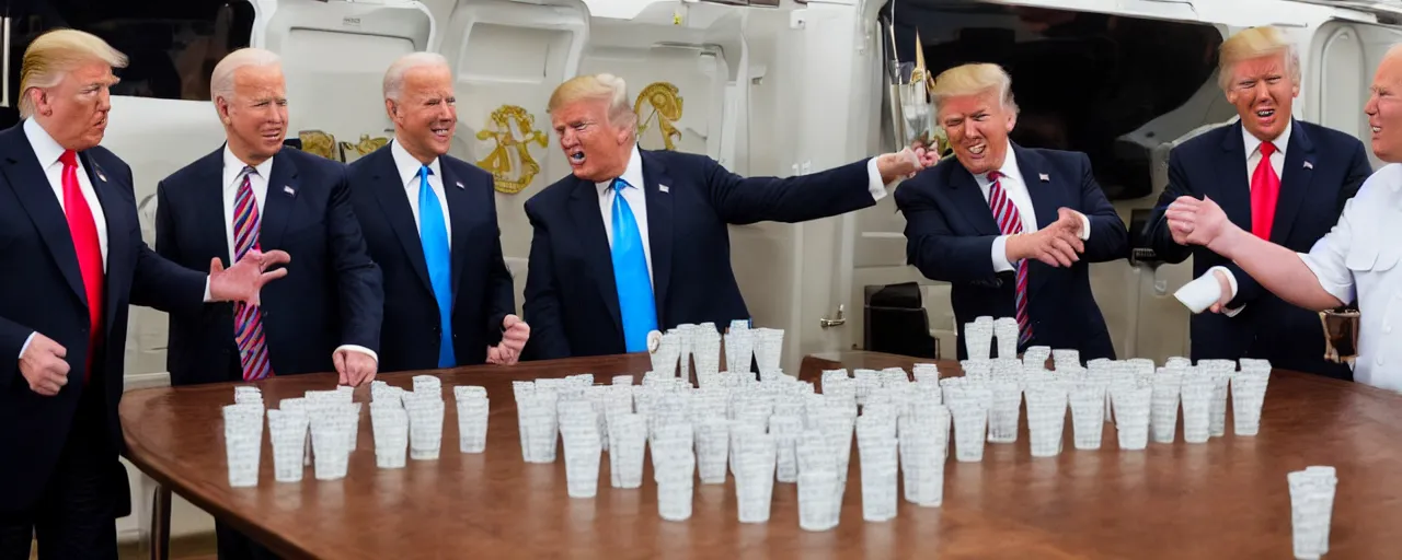 Image similar to donald trump with joe biden and kim jong un playing beer pong on air force one