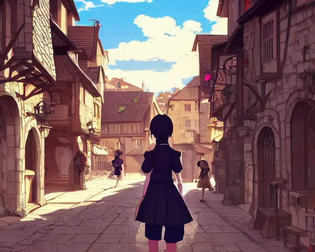 Prompt: anime still frame portrait of a young female walking through a busy medieval village, dynamic pose, dynamic perspective, detailed silhouette, cel shaded anime, ilya kuvshinov face style