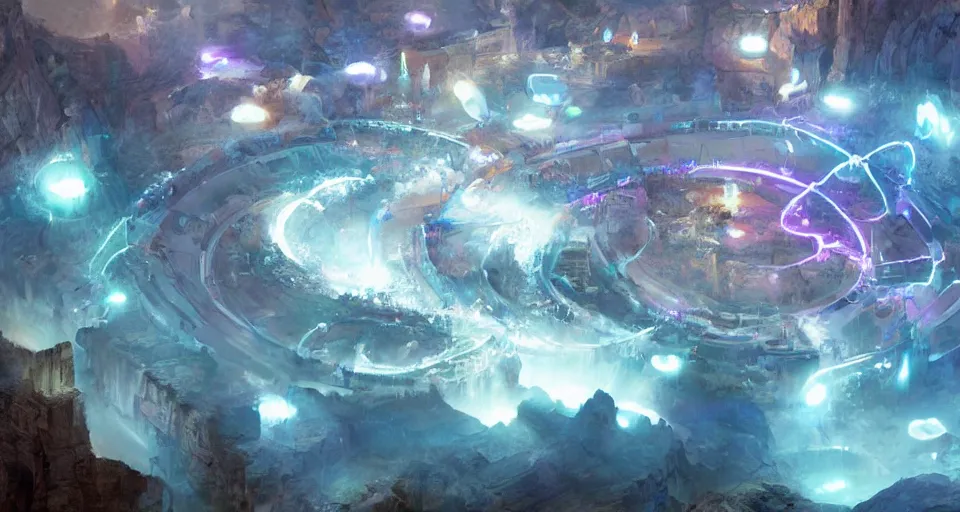 Image similar to night, a lot of people and a spiral - shaped white luminous attractor is floating in grand canyon, concept art, art for the game, professional lighting, art