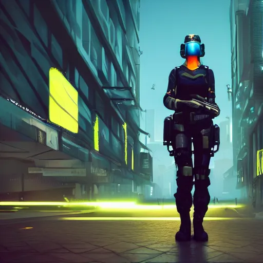 Image similar to trending on artstation 4k, unreal engine render, beautiful illustration of military woman standing in cyberpunk city