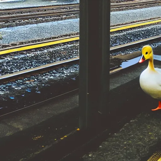 Image similar to A duck going home from work by train