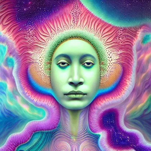 Image similar to obatala the cosmic god sitting in a cabana made of nebula clouds, by Adi granov and afarin sajedi and amanda sage and evgeni gordiets and Agostino Arrivabene in a psychedelic portrait style, ultrarealistic matte painting, volumetric lighting, fractal, extremely symmetrical, highly detailed face, orisha, 8k, hd