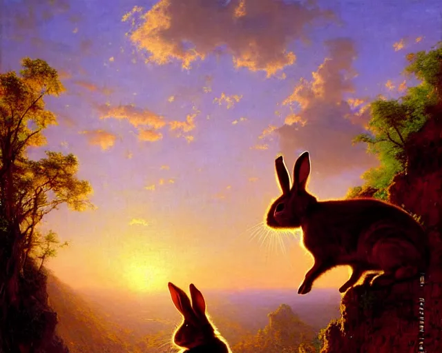 Image similar to hyper realistic rabbit looking off of a cliff, sun setting behind rabbit, lush forest in valley below, painted by gaston bussiere, craig mullins, j. c. leyendecker 8 k