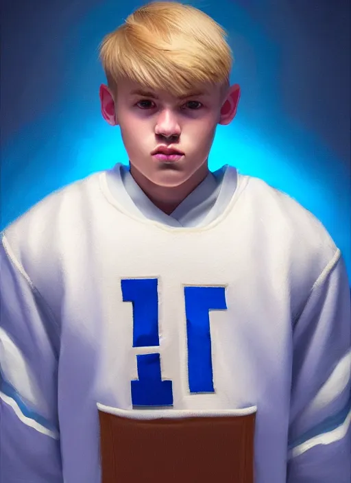 Image similar to portrait of high school senior boy named big moose, blonde short hair, jock, beefy, wide face, square jaw, square facial structure, blue varsity jacket with letter r, intricate, elegant, glowing lights, highly detailed, digital painting, artstation, concept art, sharp focus, illustration, art by wlop, mars ravelo and greg rutkowski