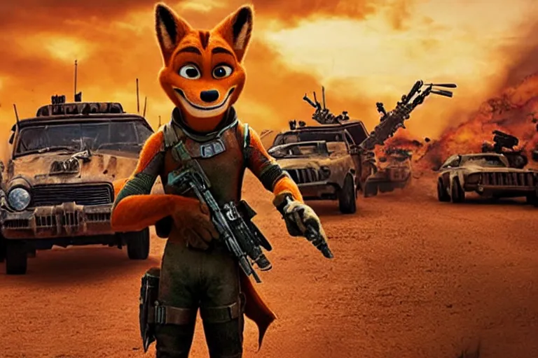 Image similar to nick wilde, heavily armed and armored facing down armageddon in a dark and gritty reboot from the makers of mad max : fury road