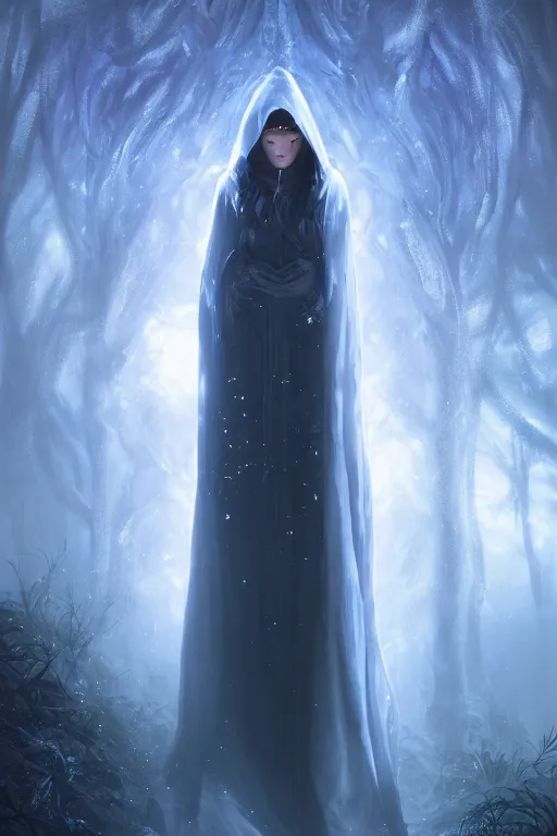 Prompt: a full body portrait of a mysterious goddess with a very long hooded cloak made of stars and clouds walking through a forest,, by maciej kuciara and jason chan and makoto shinkai and rodney matthews, ominous, auras, smoke, fire, embers, vapor, trending on artstation, ultra detailed, hyper realistic 4 k, volumetric light