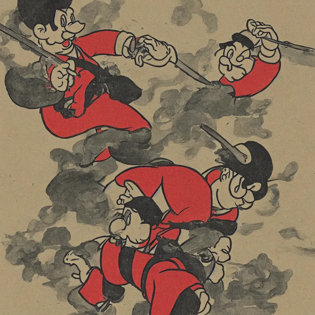 Image similar to Mario depicted as an Edo-era illustration