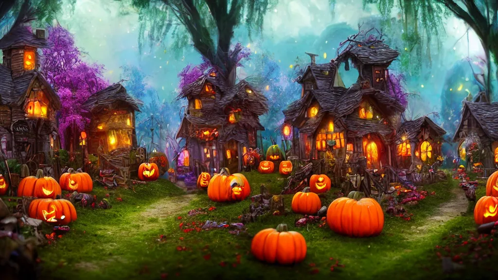 Prompt: village made out of candy, cinematic scene, studio lighting, colorful, fantasy, intricate, forest, fireflies, flowers, halloween, fairytale, ( visually stunning, matte painting, concept art, medium shot, trending on artstation )