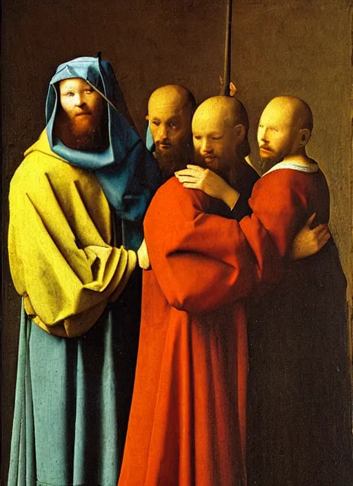 Prompt: Two little brothers meet a young man, medieval painting by Jan van Eyck, Johannes Vermeer, Florence