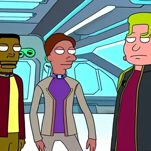 Prompt: characters from star trek lower decks, rick and morty, futurama, meeting on a distant planet