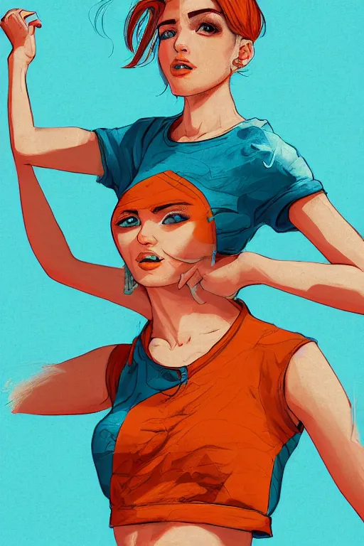 Image similar to a award winning half body portrait of a beautiful caucasian woman in a croptop and cargo pants with ombre orange blue teal hairstyle with head in motion and hair flying by will eisner, outrun, vaporware, digital art, trending on artstation, highly detailed, fine detail, intricate