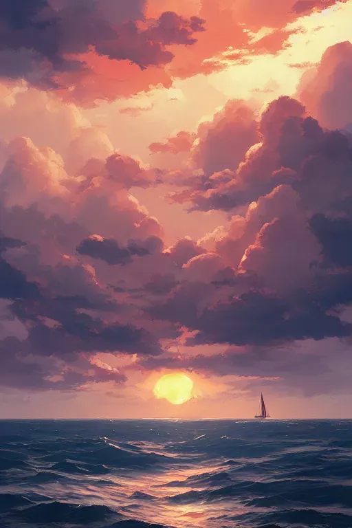 Image similar to a beautiful painting of sunset, round red sun, gorgeous clouds in the sky, warm seaside town, white sailboat on the sea, japanese animation style, by hayao miyazaki, by greg rutkowski, trending on artstation