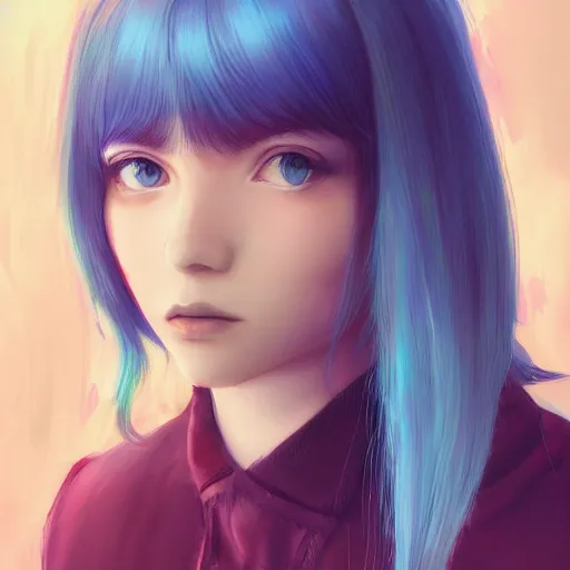 Prompt: ilya kuvshinov with long hair, sky blue hair, hazel eyes, boyish face, professional digital painting, concept art, award - winning photography, cinematic, stained glass window, awe, regal, wlop, pixiv art, yoshitaka amano