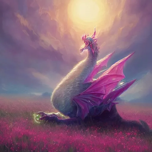 Image similar to beautiful digital fantasy illustration of a closeup adorable giant fluffy feathered sparkling pearlescent pastel dragon sitting alone in a flower meadow, concept art by greg rutkowski, anato finnstark, and rebecca guay, highly detailed, soft lighting, rendered in octane