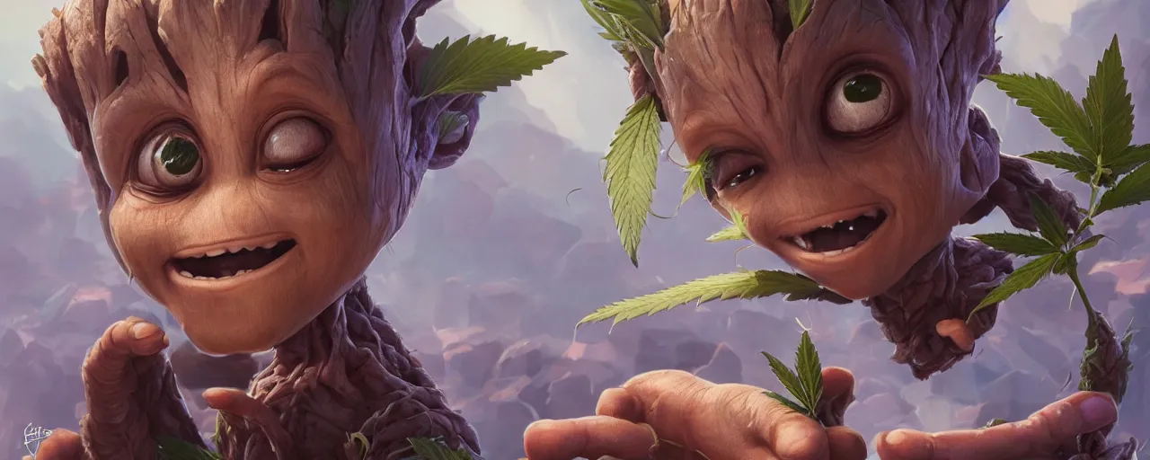 Image similar to portrait smiling round cute face cannabis, big eyes, marijuana!, baby groot, realistic shaded perfect face, cinematic volumentric lighting, jim cheung, david marquez, mike deodato jr, behance hd by jesper ejsing, by rhads, hyper detailed, octane render, concept art, artstation