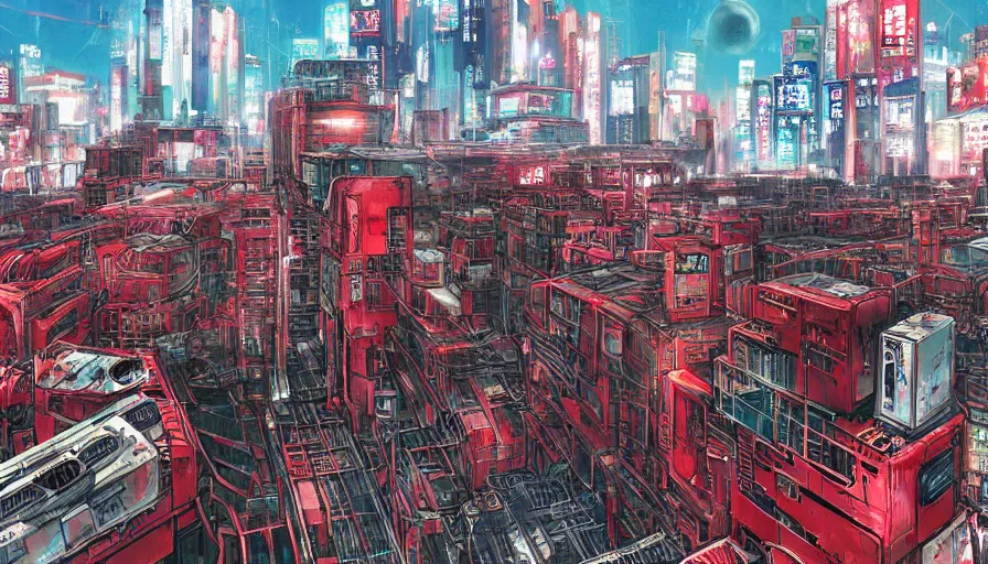 Image similar to Concept Art Painting of neo-Tokyo Maximum Security Mint, in the Style of Akira, Anime, Dystopian, Highly Detailed, Red Building, Helipad, Special Forces Security, Giant Crypto Vault, Docks, Shipping Containers, Helicopter Drones, 19XX