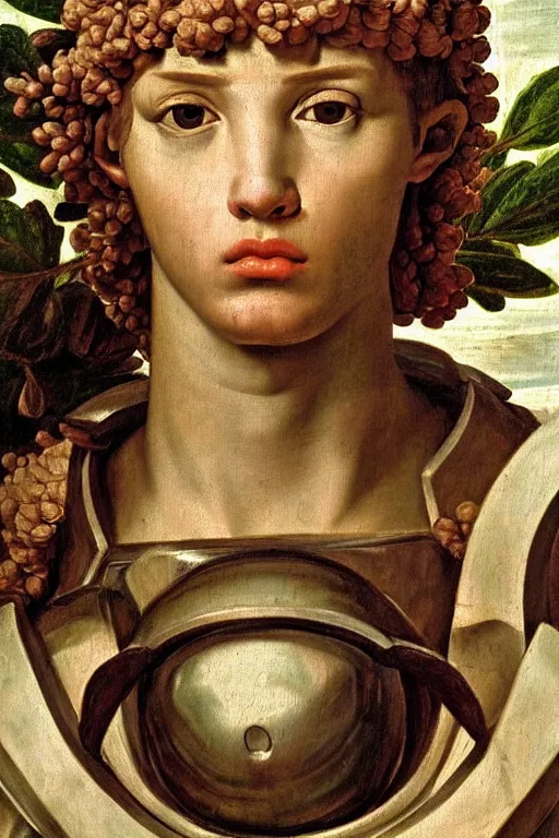 Image similar to renaissance painting of spartan, portrait, face closeup, emotions closeup, dressed in spartan armour, the beautiful garden with liliac bush everywhere, ultra detailed, art by guido reni style, vincenzo catena style