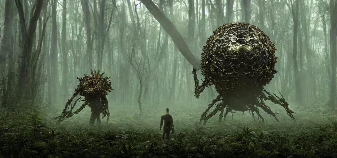 Image similar to a complex organic fractal 3 d metallic symbiotic ceramic humanoid megastructure creature in a swampy lush forest, foggy, cinematic shot, photo still from movie by denis villeneuve, wayne barlowe, sun rays, golden hour