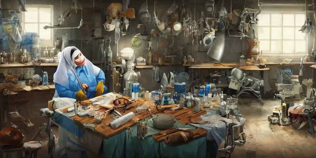 Image similar to an environmental concept art of a babushka surgeon in a cluttered mechanics workshop, surgical impliments, surgery table, highly detailed, cinematic, dramatic