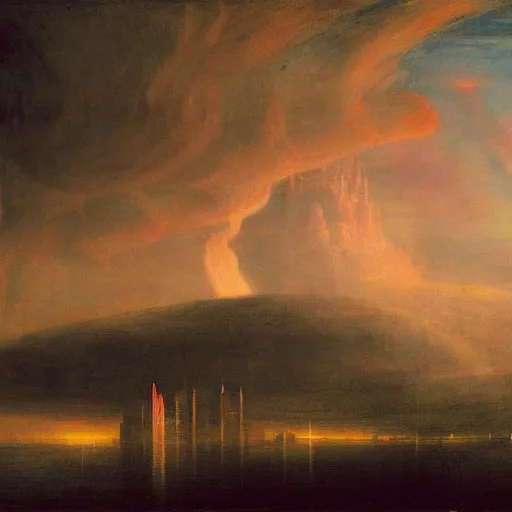 Image similar to a city in the clouds painted by john martin