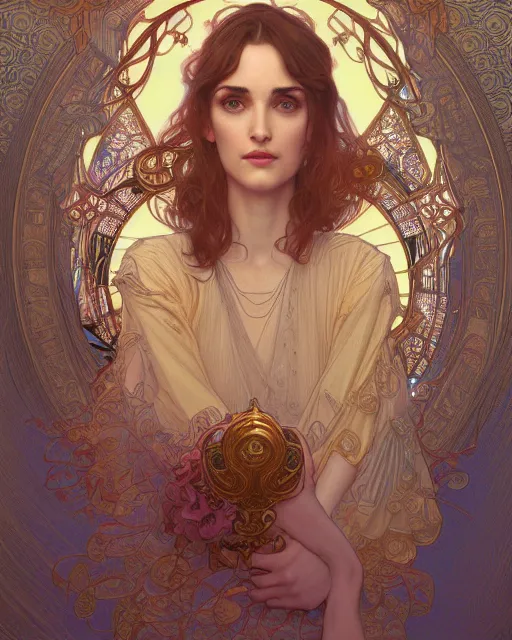 Image similar to winona ryder | highly detailed | very intricate | art nouveau | gold filigree | storybook illustration | soft cinematic lighting | award - winning | painted by mandy jurgens and alphonse mucha and alena aenami | pastel color palette | featured on artstation