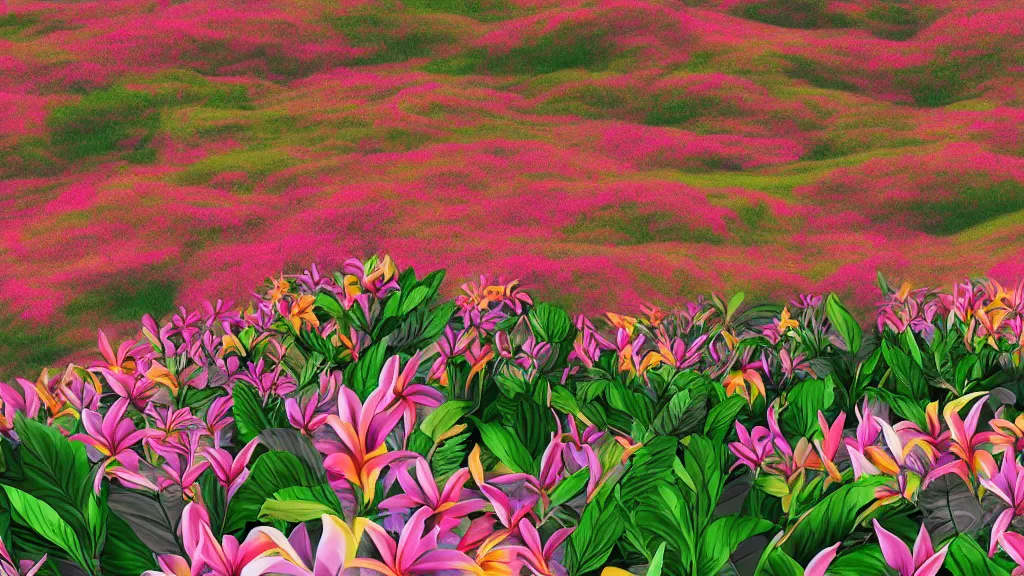 Prompt: digital illustration of a field of giant vibrant frangipani flowers by dr. seuss, reimagined by ilm and beeple : 1 | megaflora, spectral color, electric color, rolling hills : 0. 9 | fantasy : 0. 9 | unreal engine, deviantart, artstation, hd, 8 k resolution : 0. 8