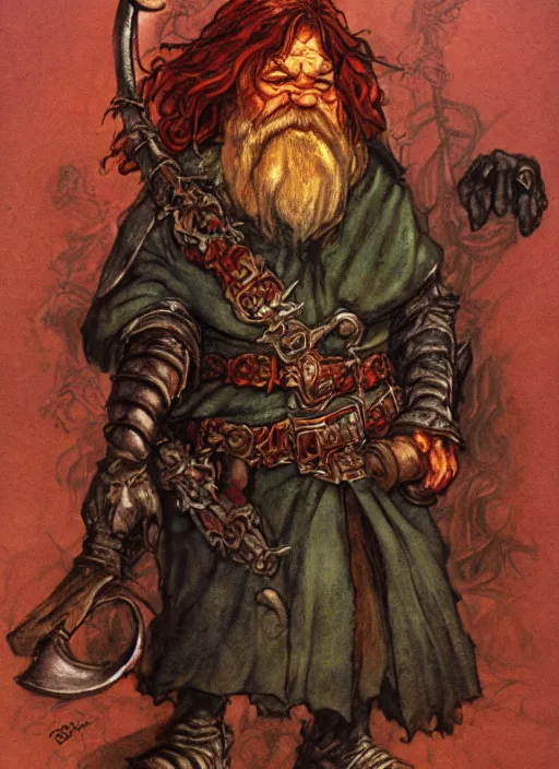 Prompt: full body of a dwarf sorcerer, beautiful! coherent! dungeons and dragons character, by brian froud, larry elmore, gerald brom, ralph horsley, wayne reynolds, strong line, deep color, chainmail, short red hair, high contrast