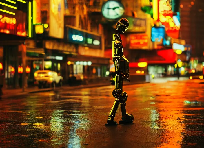 Prompt: a 2 8 mm macro kodachrome photo of a tall huge metallic cyborg droid with glowing lights, walking alone on a rainy night in the city in the 1 9 5 0's, seen from a distance, bokeh, canon 5 0 mm, cinematic lighting, film, photography, golden hour, depth of field, award - winning, neon, cyberpunk