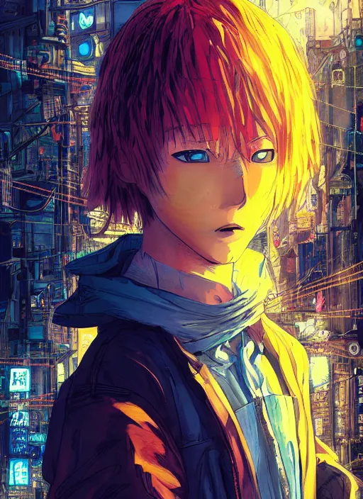 Prompt: manga cover, red-haired teenager with yellow skin and blue facial markings, short hair, intricate cyberpunk city, emotional lighting, character illustration by tatsuki fujimoto