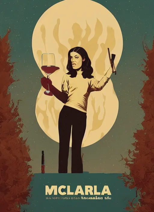 Image similar to poster artwork by Michael Whelan and Tomer Hanuka, Karol Bak of Alexandria Ocasio-Cortez bartender, from scene from Twin Peaks, clean, simple illustration, nostalgic, domestic, full of details